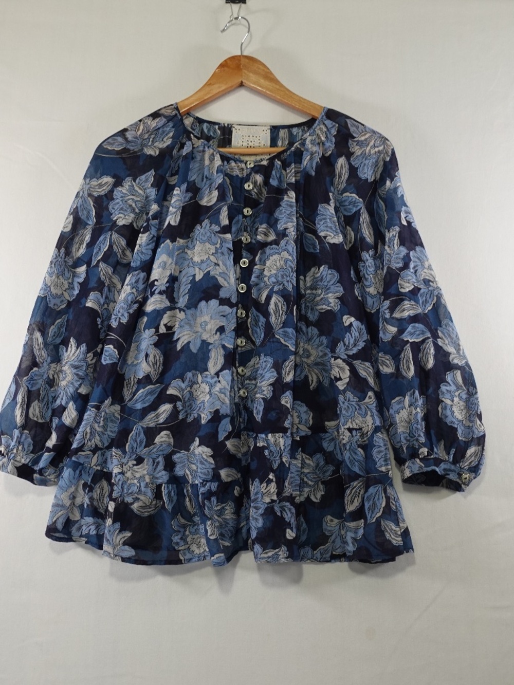 Johnny Was Nerissa Tiered Top Blue Floral Silk Blend Peplum Blouse Size S